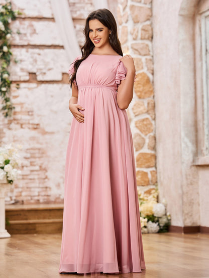 Empire Flutter Sleeves Floor Length Maxi Chiffon Dresses Dusty Rose