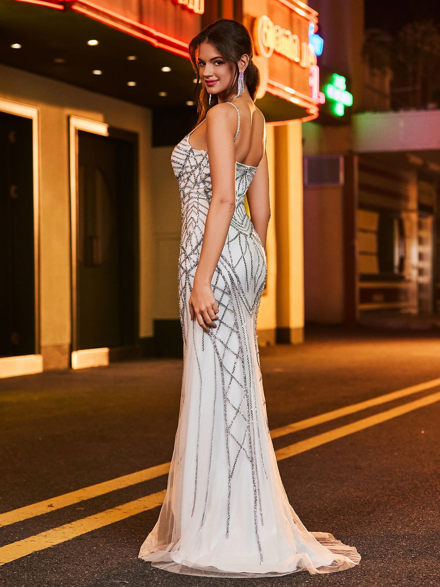 Sexy Spaghetti Straps Rhinestone Beaded Mermaid Maxi Dress Ivory