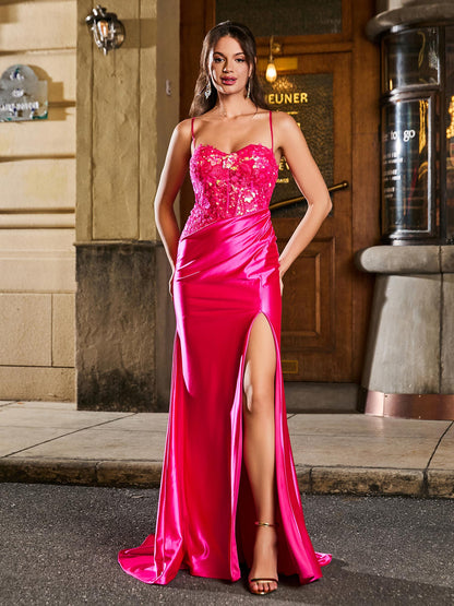 Sleeveless Sequin Applique Backless Maxi Dress with Thigh Slit Fuchsia