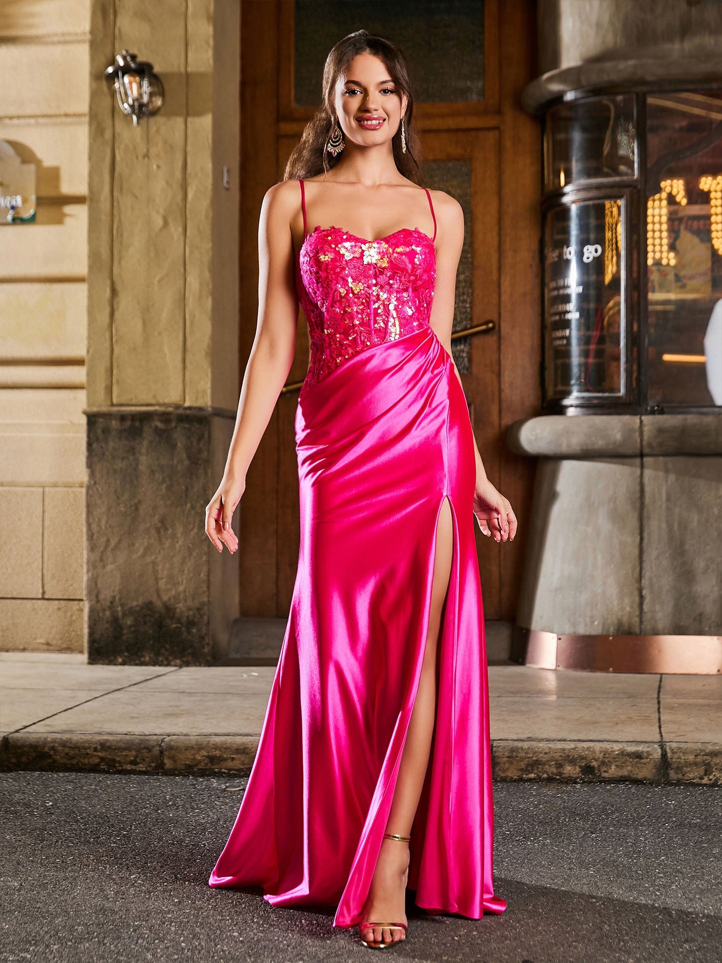 Sleeveless Sequin Applique Backless Maxi Dress with Thigh Slit Fuchsia