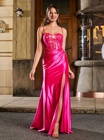 Sleeveless Sequin Applique Backless Maxi Dress with Thigh Slit Fuchsia