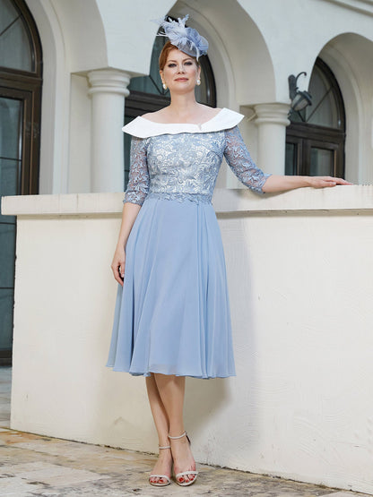 A-line Tea-length Chiffon Dress Dusty Blue