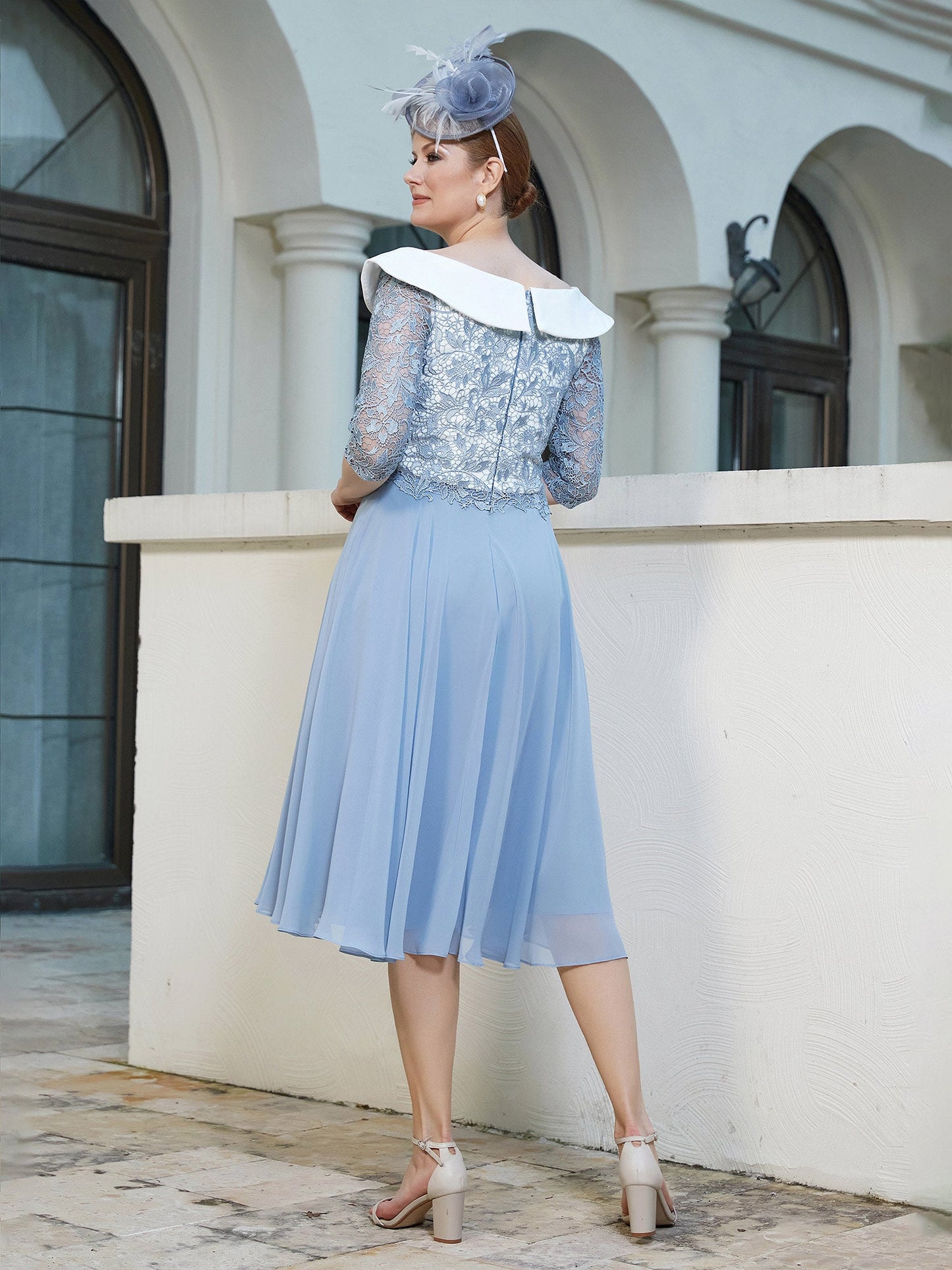 A-line Tea-length Chiffon Dress Dusty Blue