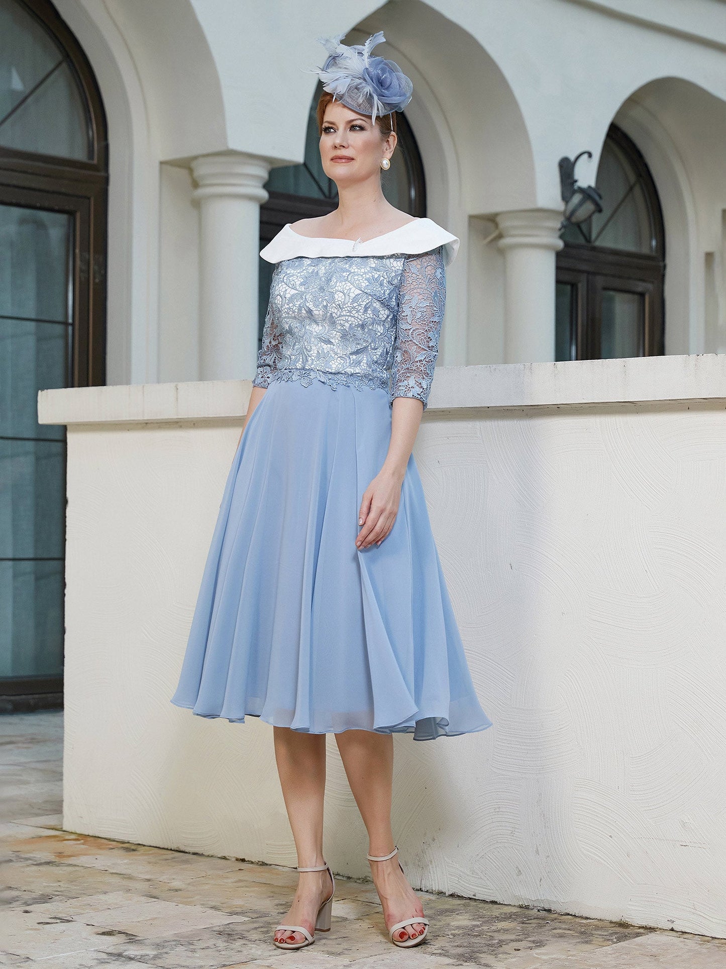 A-line Tea-length Chiffon Dress Dusty Blue