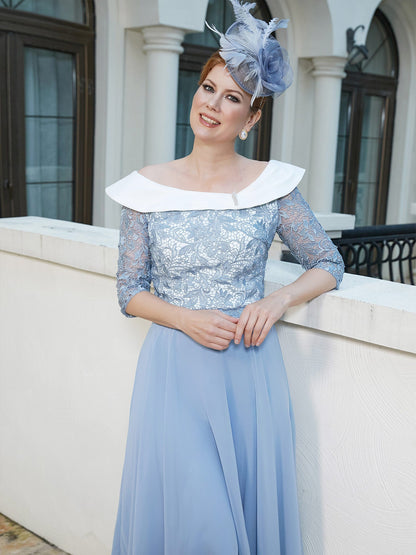 A-line Tea-length Chiffon Dress Dusty Blue