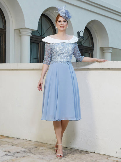 A-line Tea-length Chiffon Dress Dusty Blue