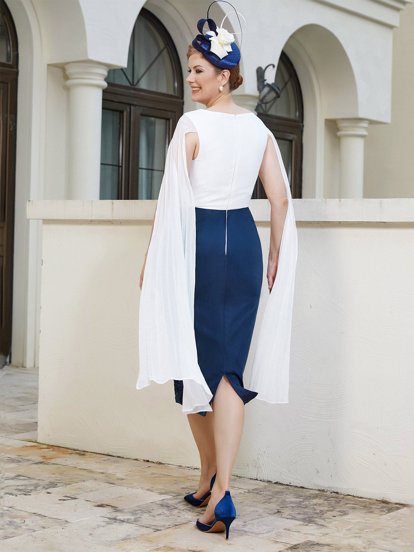 Appliqued Flutter Sleeves Sheath Dress Dark Navy