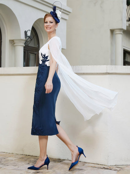 Appliqued Flutter Sleeves Sheath Dress Dark Navy