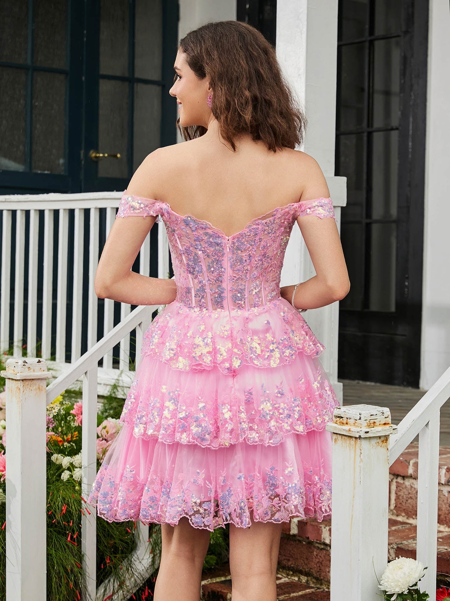 Sweetheart Sequins Tiered Tulle A-line Mini Dress Blushing Pink