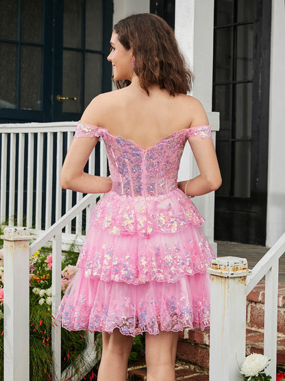 Sweetheart Sequins Tiered Tulle A-line Mini Dress Blushing Pink