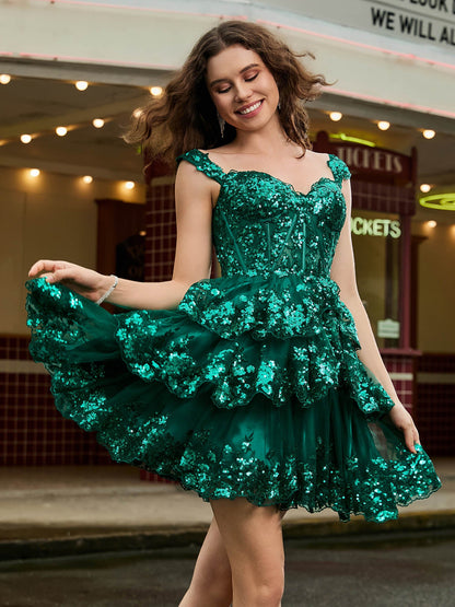 Sweetheart Sequins Tiered Tulle A-line Mini Dress Dark Green