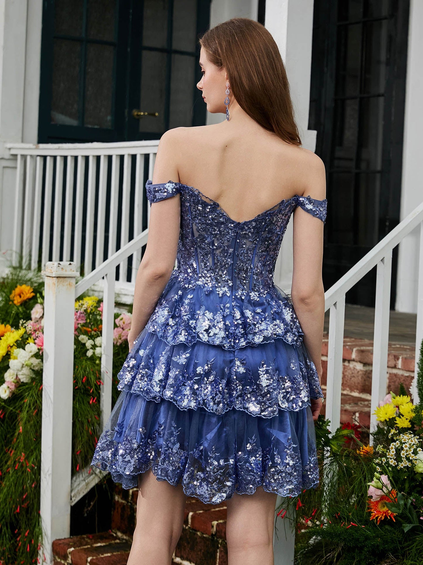 Sweetheart Sequins Tiered Tulle A-line Mini Dress Periwinkle