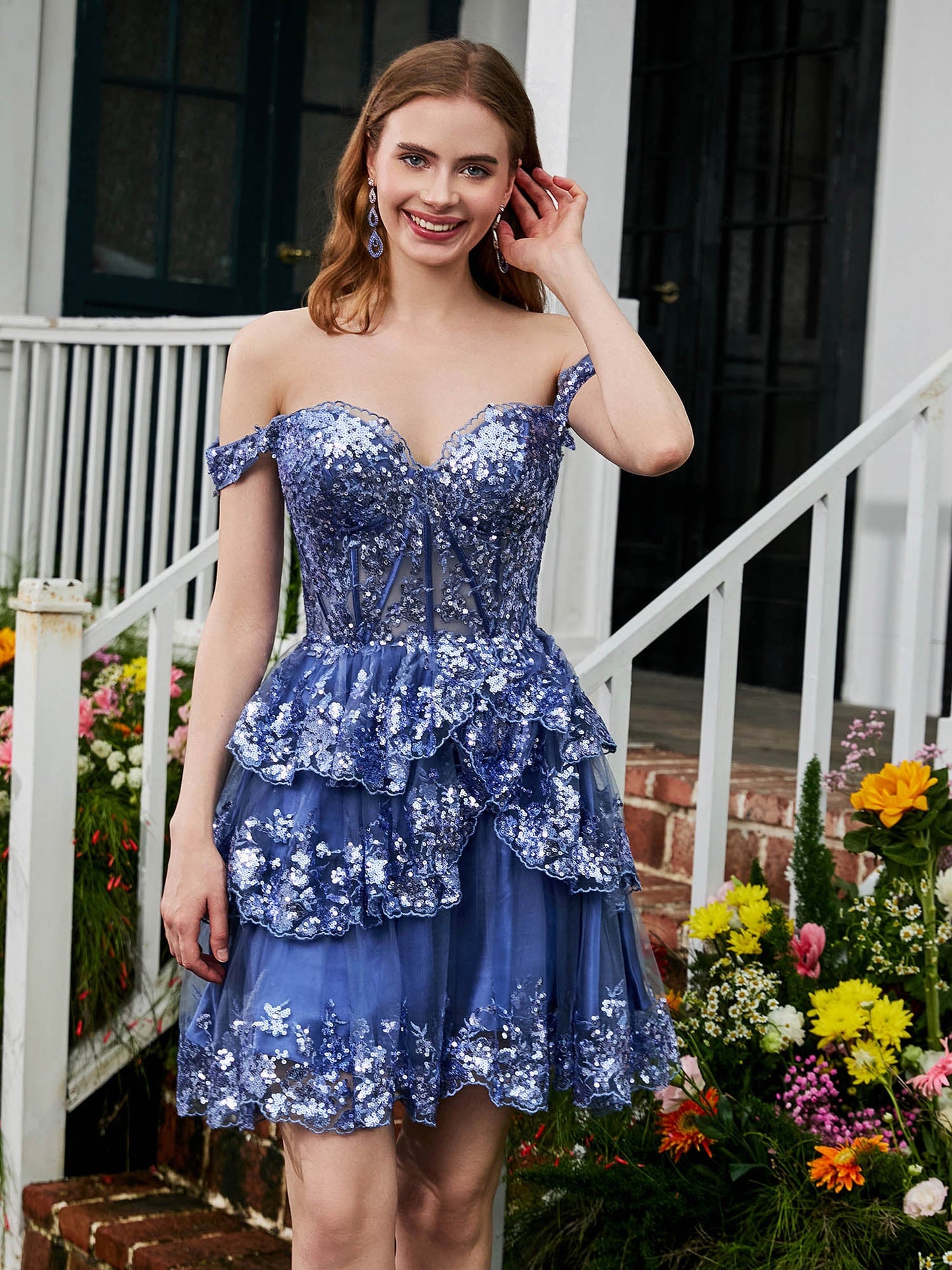 Sweetheart Sequins Tiered Tulle A-line Mini Dress Periwinkle