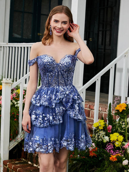 Sweetheart Sequins Tiered Tulle A-line Mini Dress Periwinkle