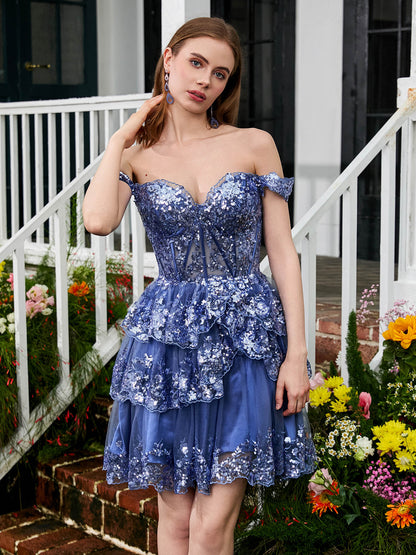 Sweetheart Sequins Tiered Tulle A-line Mini Dress Periwinkle