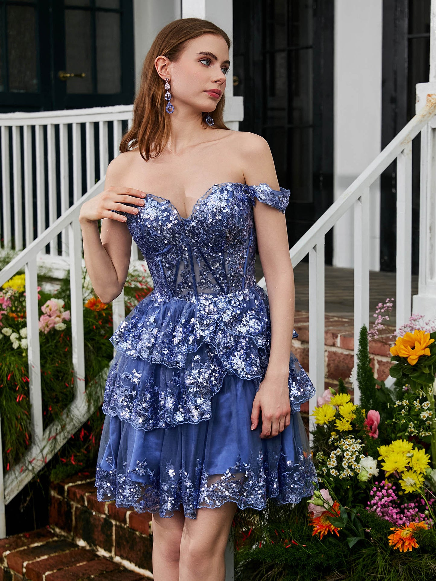 Sweetheart Sequins Tiered Tulle A-line Mini Dress Periwinkle