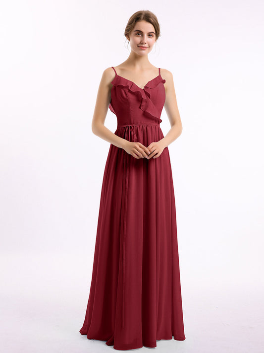 Spaghetti Strap Chiffon Bridesmaid Gowns with V-neck-Burgundy