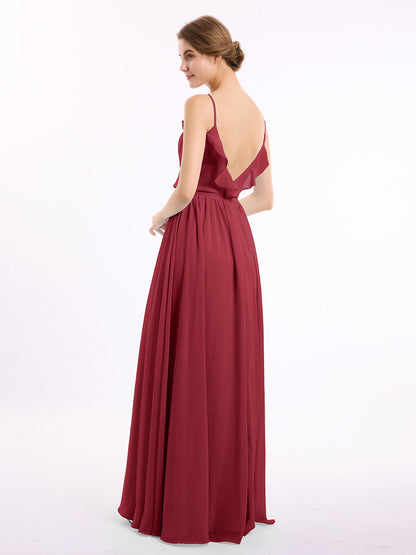 Spaghetti Strap Chiffon Bridesmaid Gowns with V-neck-Burgundy