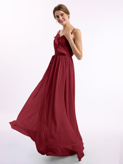 Spaghetti Strap Chiffon Bridesmaid Gowns with V-neck-Burgundy