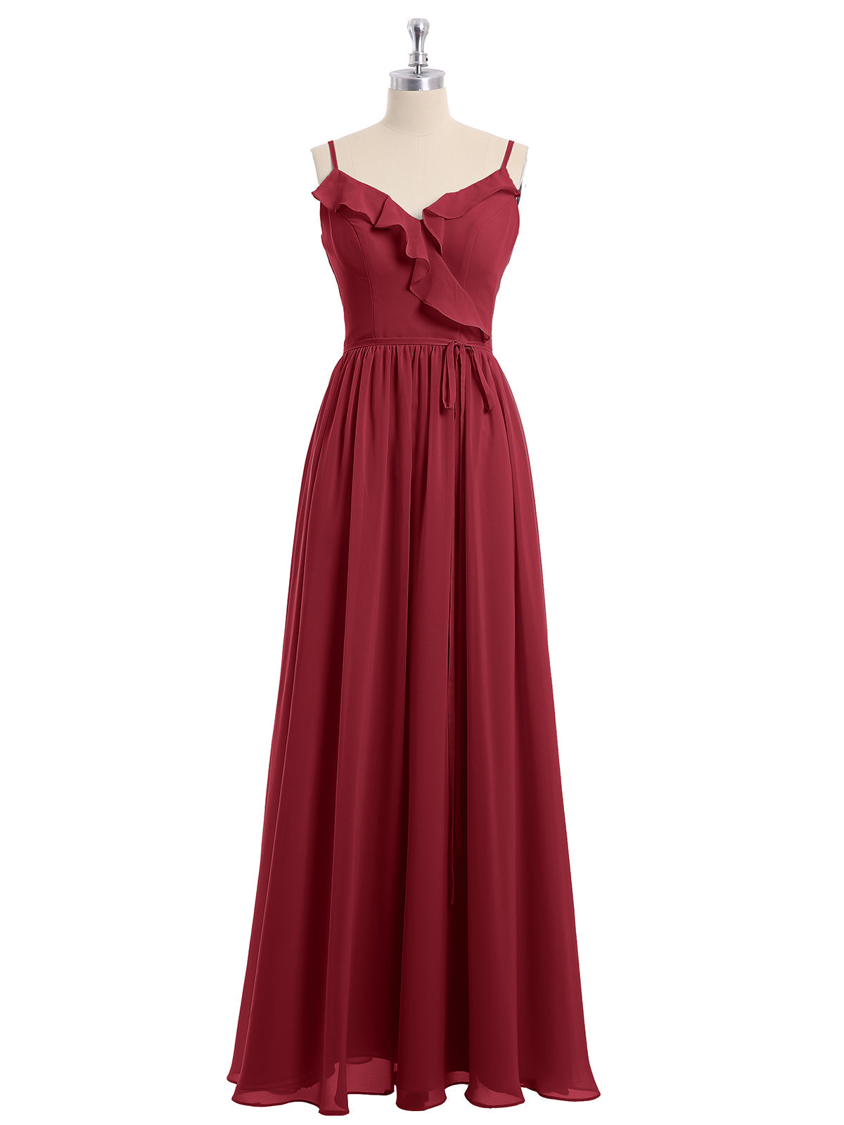Spaghetti Strap Chiffon Bridesmaid Gowns with V-neck-Burgundy