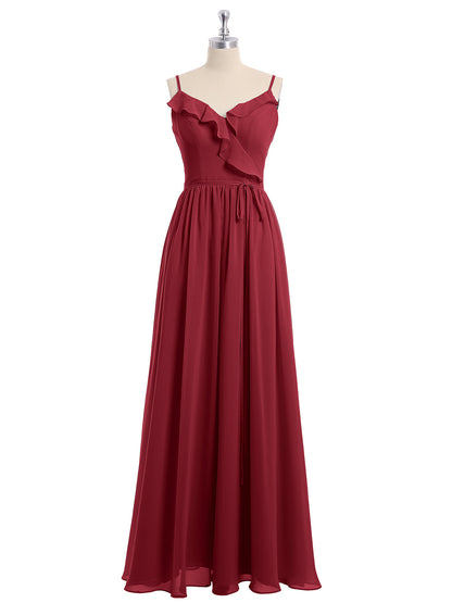 Spaghetti Strap Chiffon Bridesmaid Gowns with V-neck-Burgundy