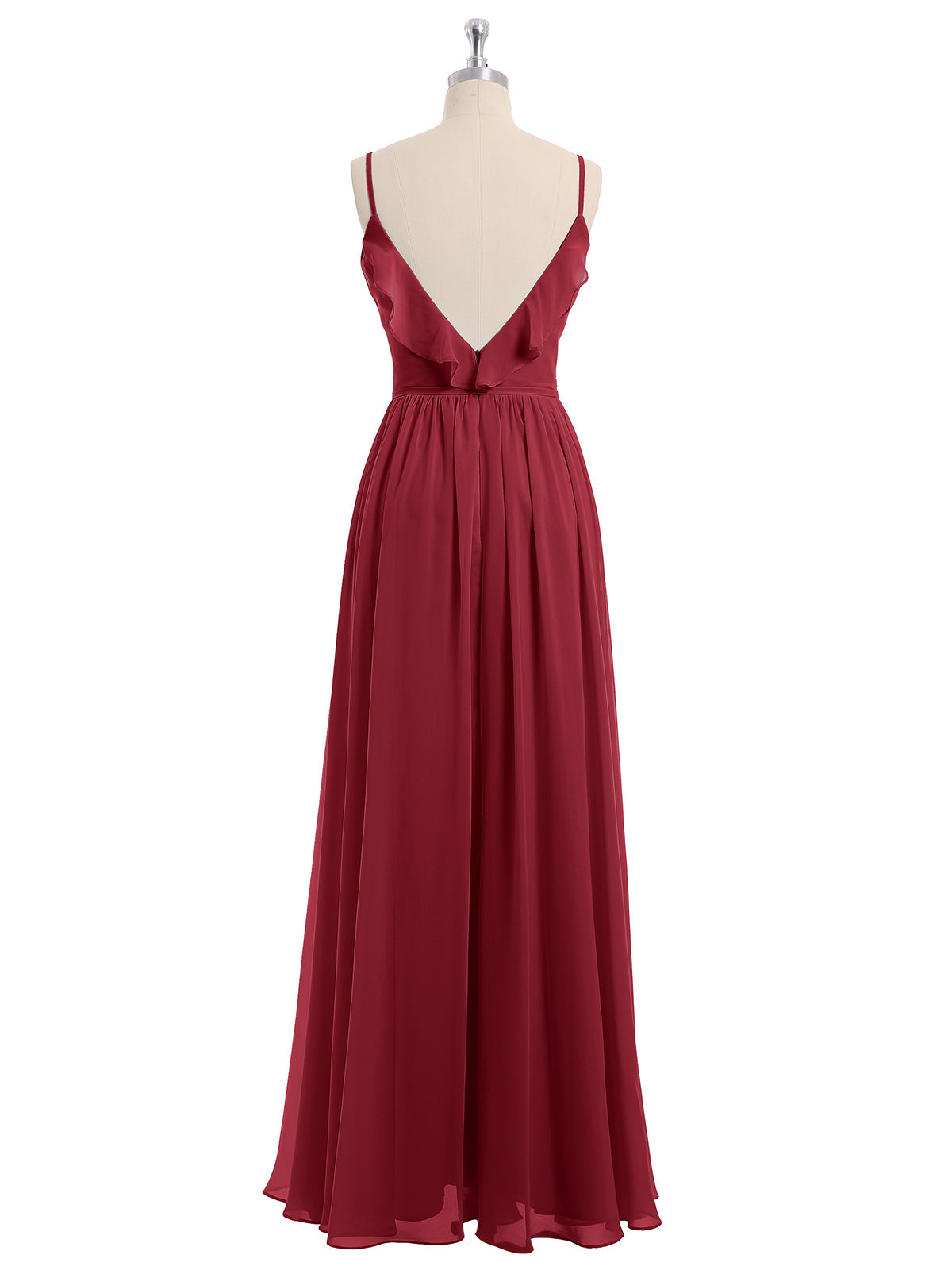 Spaghetti Strap Chiffon Bridesmaid Gowns with V-neck-Burgundy