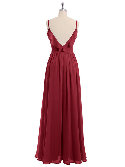 Spaghetti Strap Chiffon Bridesmaid Gowns with V-neck-Burgundy