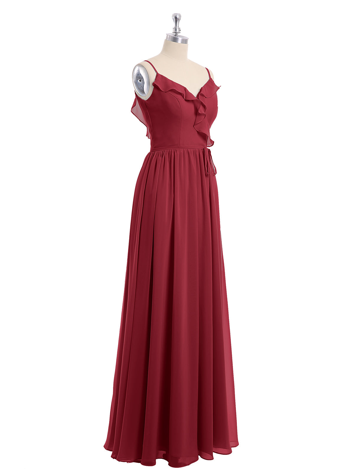 Spaghetti Strap Chiffon Bridesmaid Gowns with V-neck-Burgundy