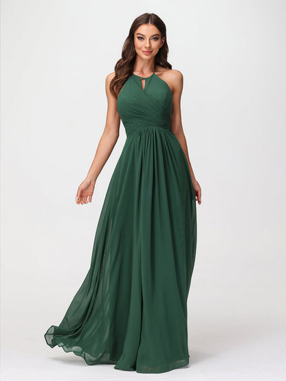 Halter Chiffon Long Dresses for Bridesmaids-Dark Green
