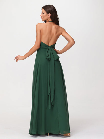 Halter Chiffon Long Dresses for Bridesmaids-Dark Green