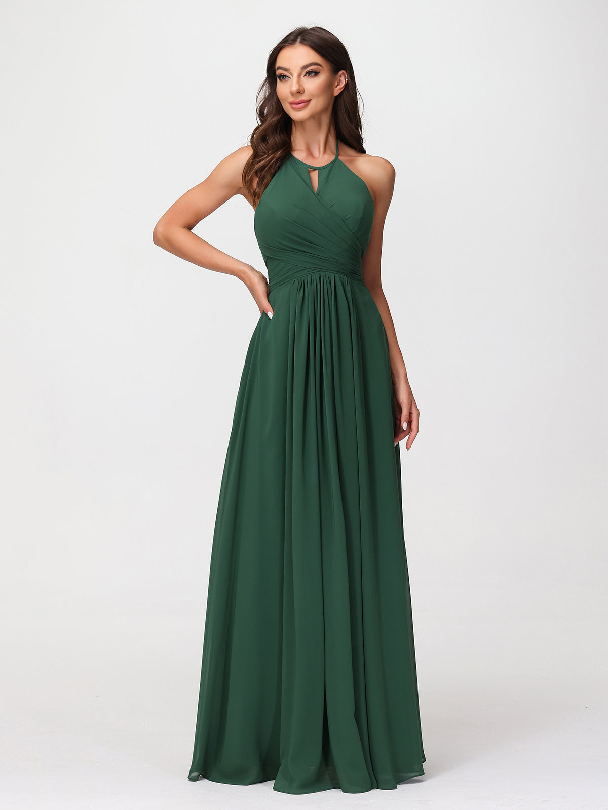 Halter Chiffon Long Dresses for Bridesmaids-Dark Green