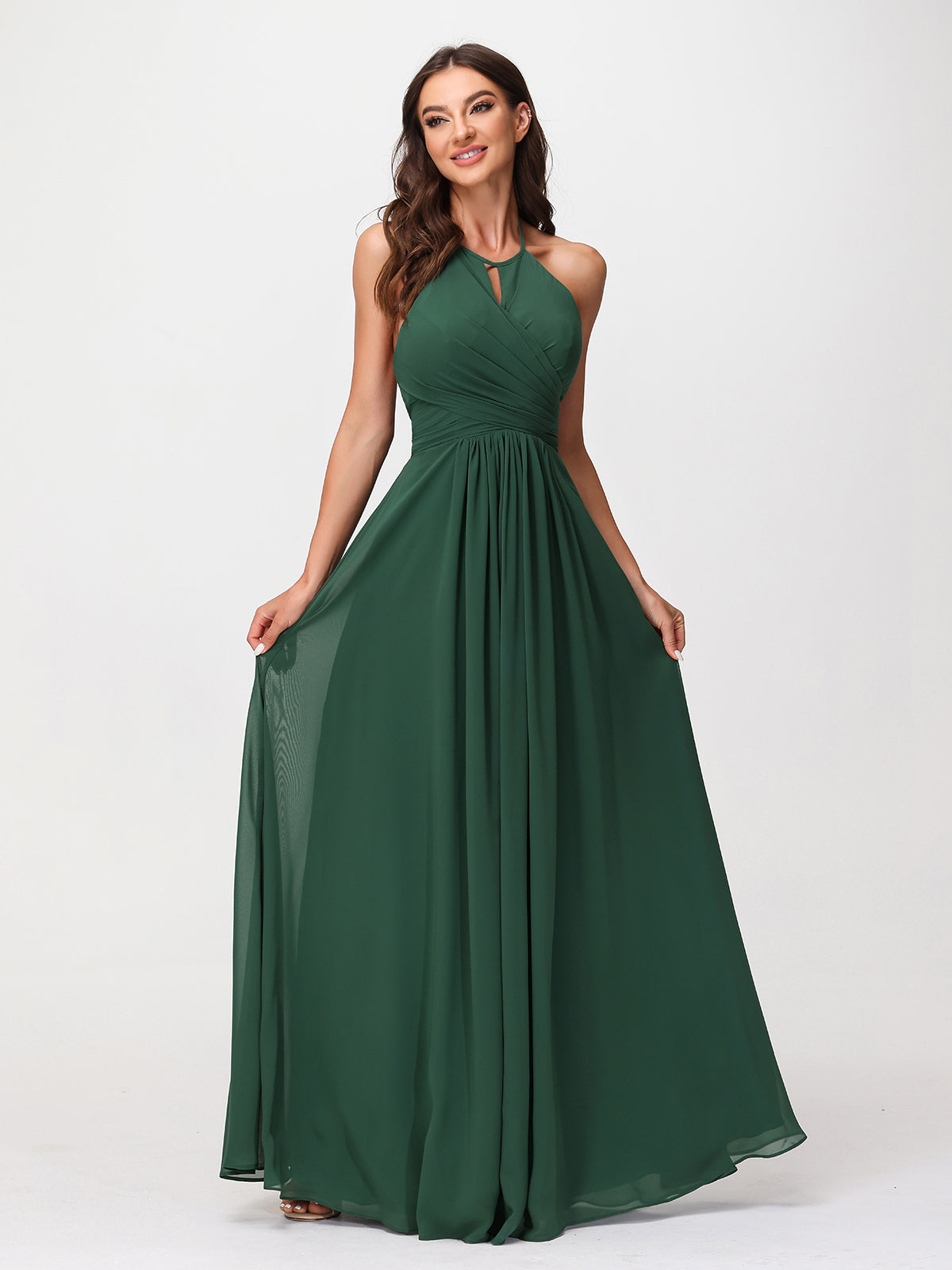 Halter Chiffon Long Dresses for Bridesmaids-Dark Green
