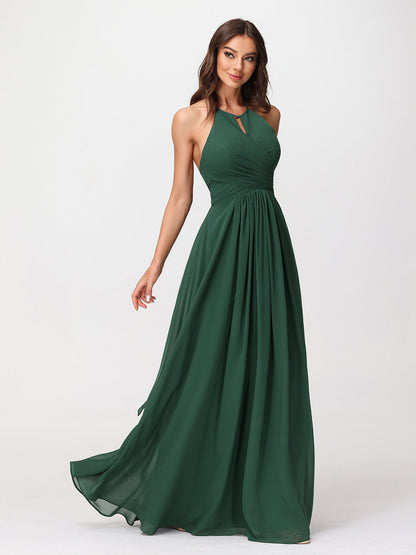 Halter Chiffon Long Dresses for Bridesmaids-Dark Green