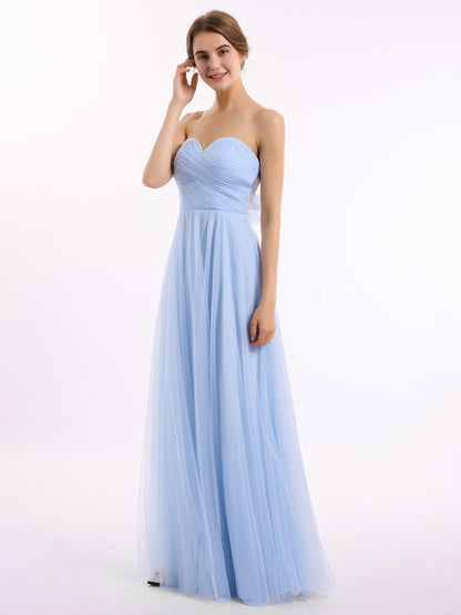 Sweetheart Strapless Neck Tulle Dresses with Bow-Sky Blue