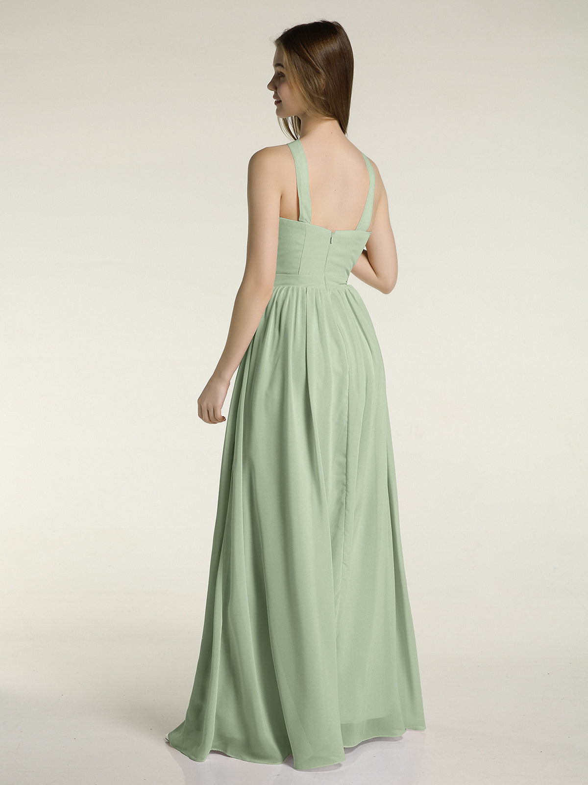 Y-neck Long Chiffon Bridesmaid Dresses-Dusty Sage