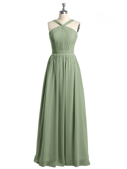 Y-neck Long Chiffon Bridesmaid Dresses-Dusty Sage