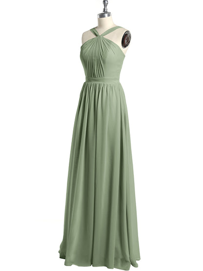 Y-neck Long Chiffon Bridesmaid Dresses-Dusty Sage