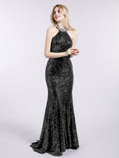 Halter Lower Back Sequins Mermaid Gown-Black