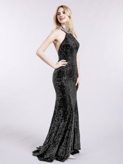 Halter Lower Back Sequins Mermaid Gown-Black