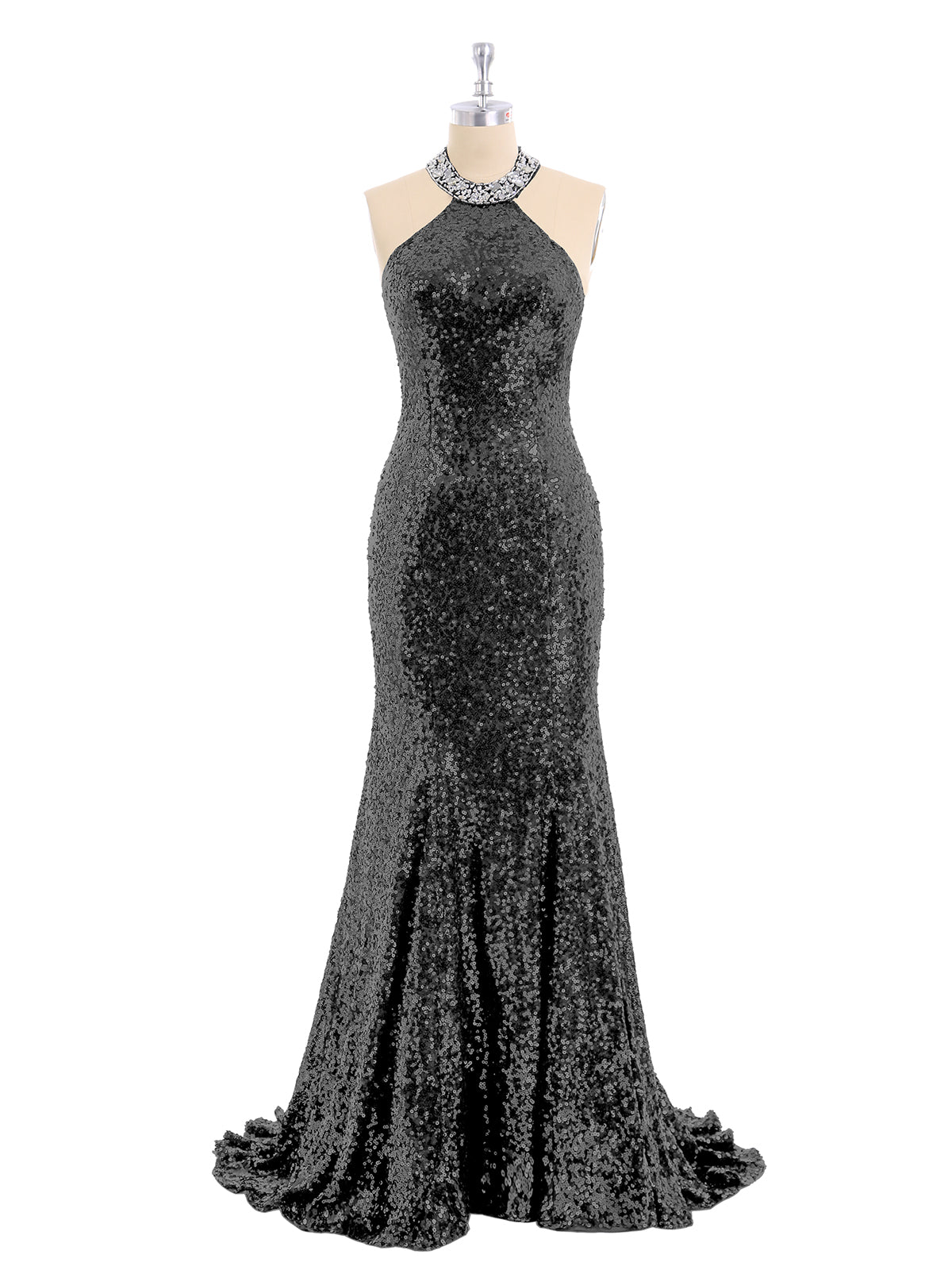 Halter Lower Back Sequins Mermaid Gown-Black