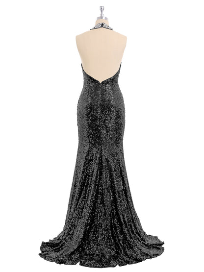 Halter Lower Back Sequins Mermaid Gown-Black