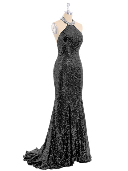 Halter Lower Back Sequins Mermaid Gown-Black