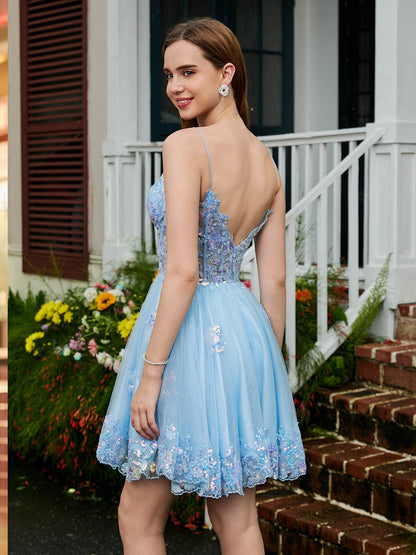 Sparkly Spaghetti Straps V-neck Tulle Short Prom Dress Sky Blue