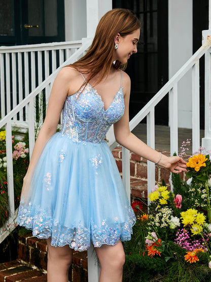 Sparkly Spaghetti Straps V-neck Tulle Short Prom Dress Sky Blue