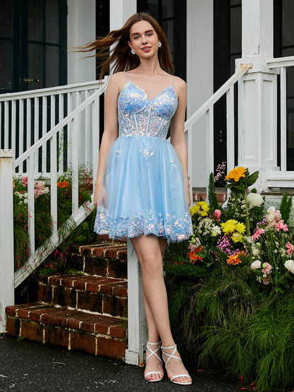 Sparkly Spaghetti Straps V-neck Tulle Short Prom Dress Sky Blue