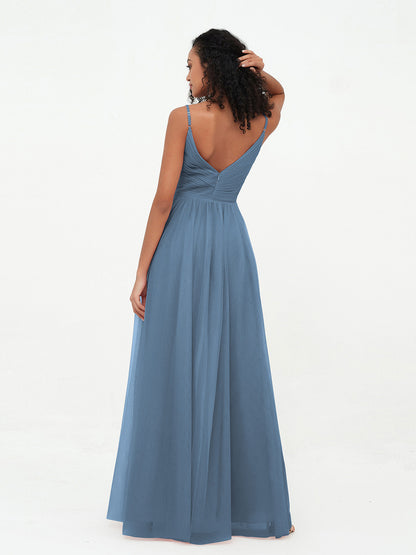 Spaghetti Straps Tulle Pleated Max Dresses-Slate Blue
