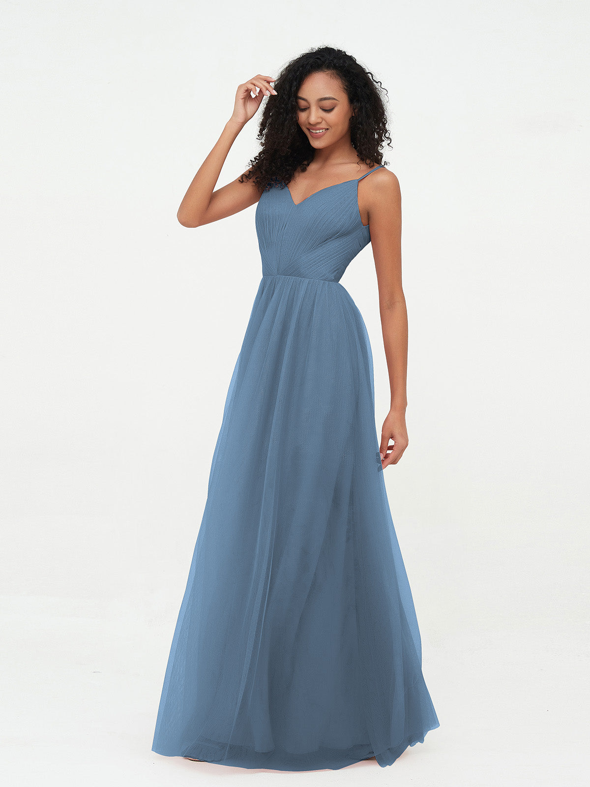 Spaghetti Straps Tulle Pleated Max Dresses-Slate Blue