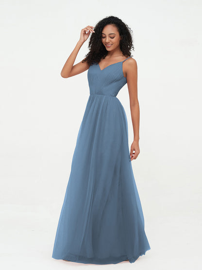 Spaghetti Straps Tulle Pleated Max Dresses-Slate Blue