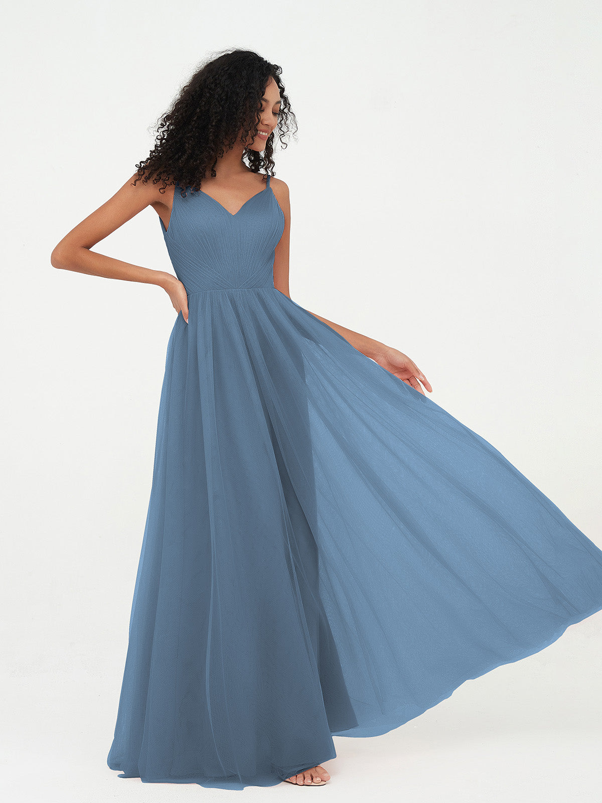 Spaghetti Straps Tulle Pleated Max Dresses-Slate Blue