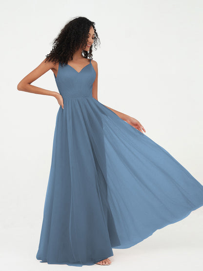 Spaghetti Straps Tulle Pleated Max Dresses-Slate Blue